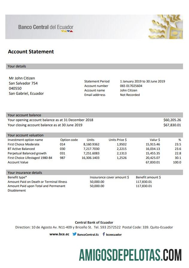 Modelo de extrato bancário do Banco Central do Equador